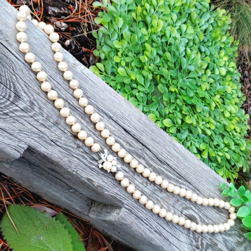 Gorgeous Vintage Marvella Pave Set Rhinestone Cream Pearl Long Sautoir Necklace - Picture 5 of 11